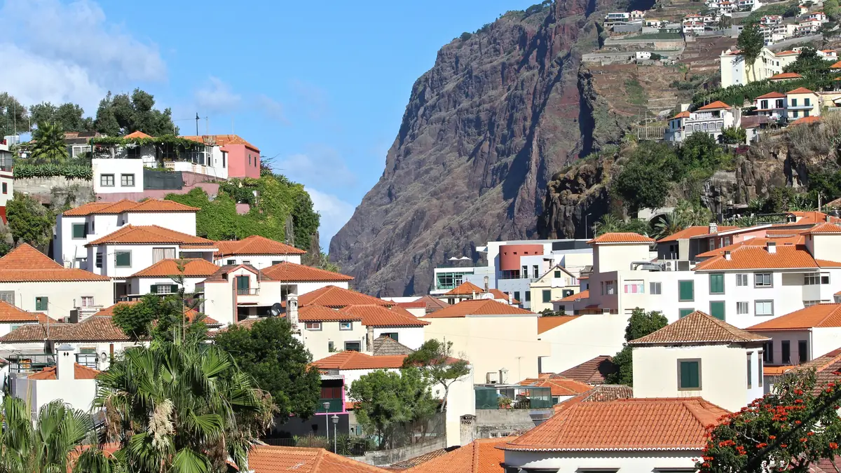 A small Portuguese town of white houses with terracotta roofs and palm trees, set below a steep green and rocky sea cliff